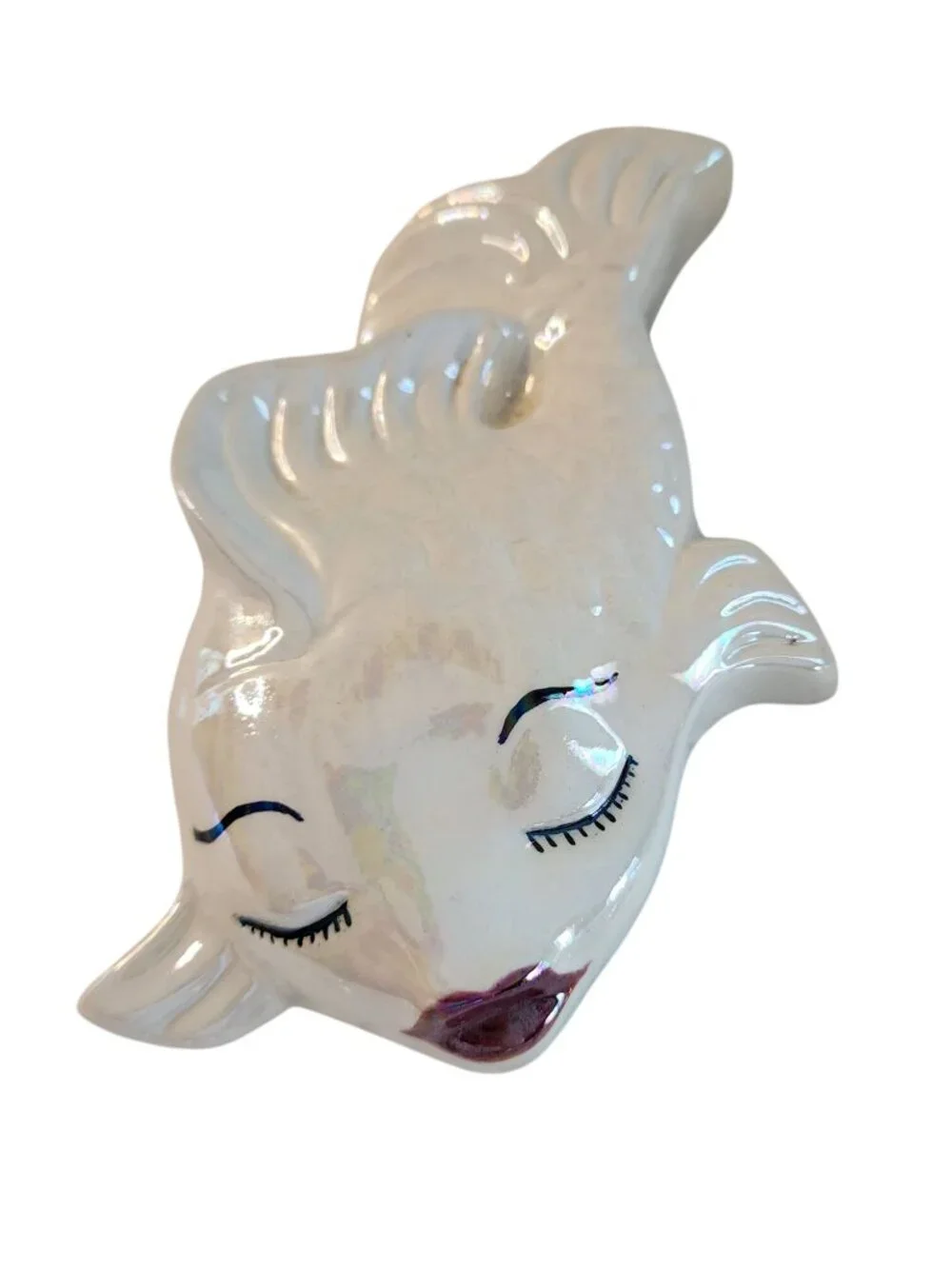Vintage 1950s White Ceramic Fish Wall Plaques Featuring a Pearly Luster Finish s